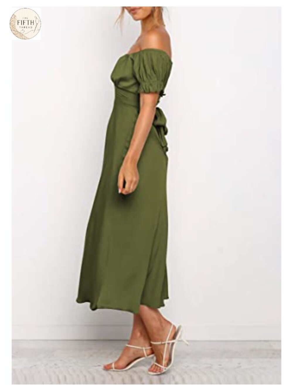 Satin Off Shoulder Midi Dress Puff Sleeve Formal Wedding Guest Cocktail - Picture 3 of 5